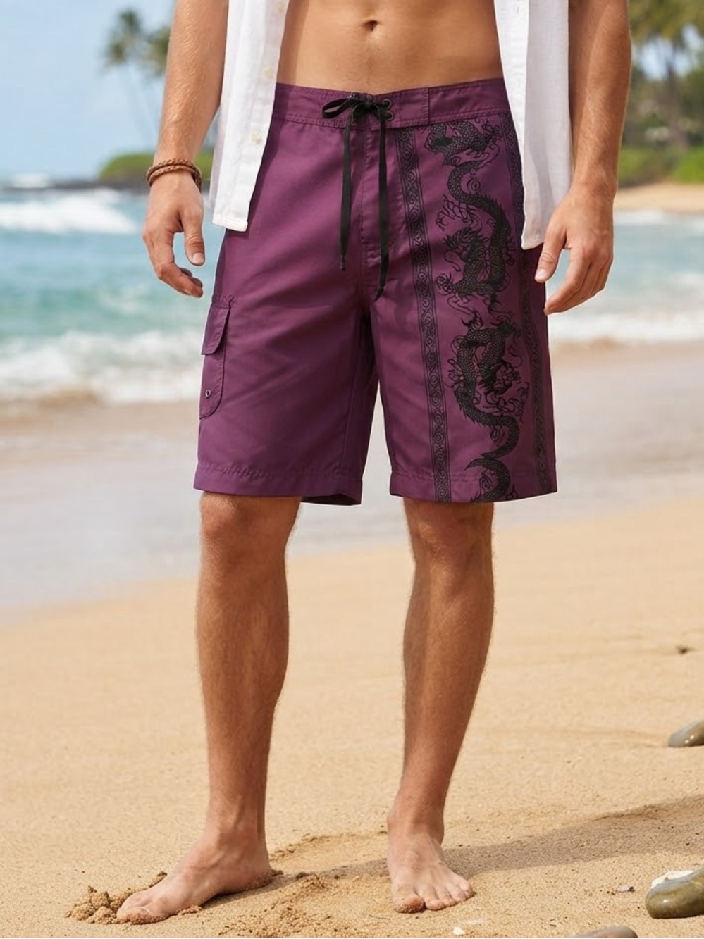 New vtg Arizona Men's Purple Dragon embroidered Print board Swim Shorts 36 Y2K